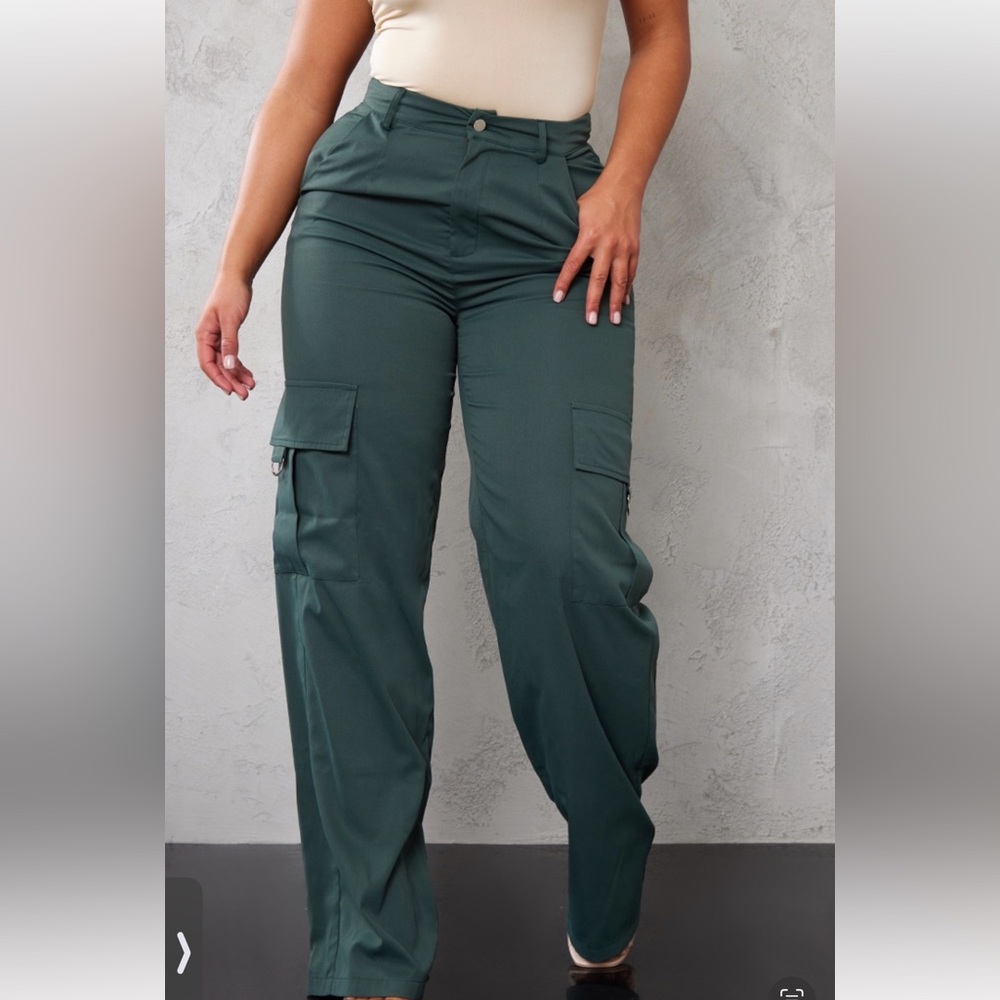 PRETTYLITTLETHING Shape Pine Green Buckle Detail Cargo Wide Leg Pants